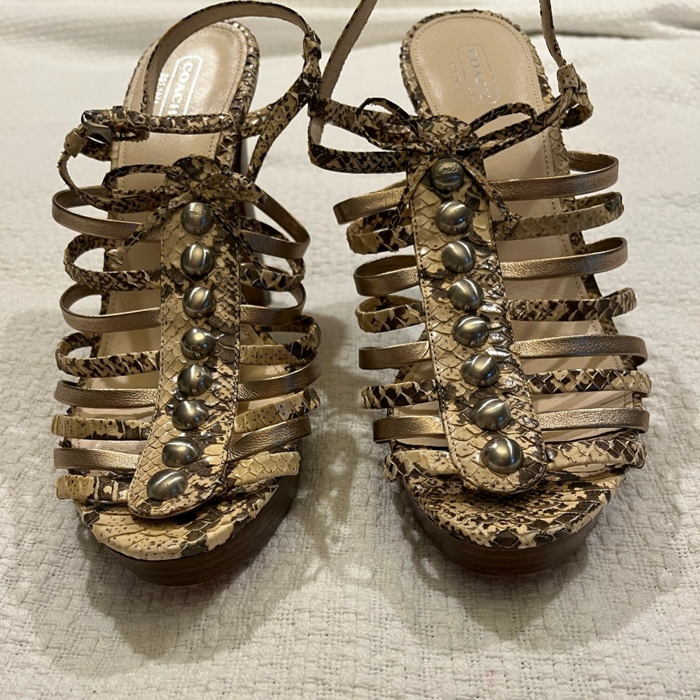 Coach Sarafina Snakeskin/Metallic Strappy Heels